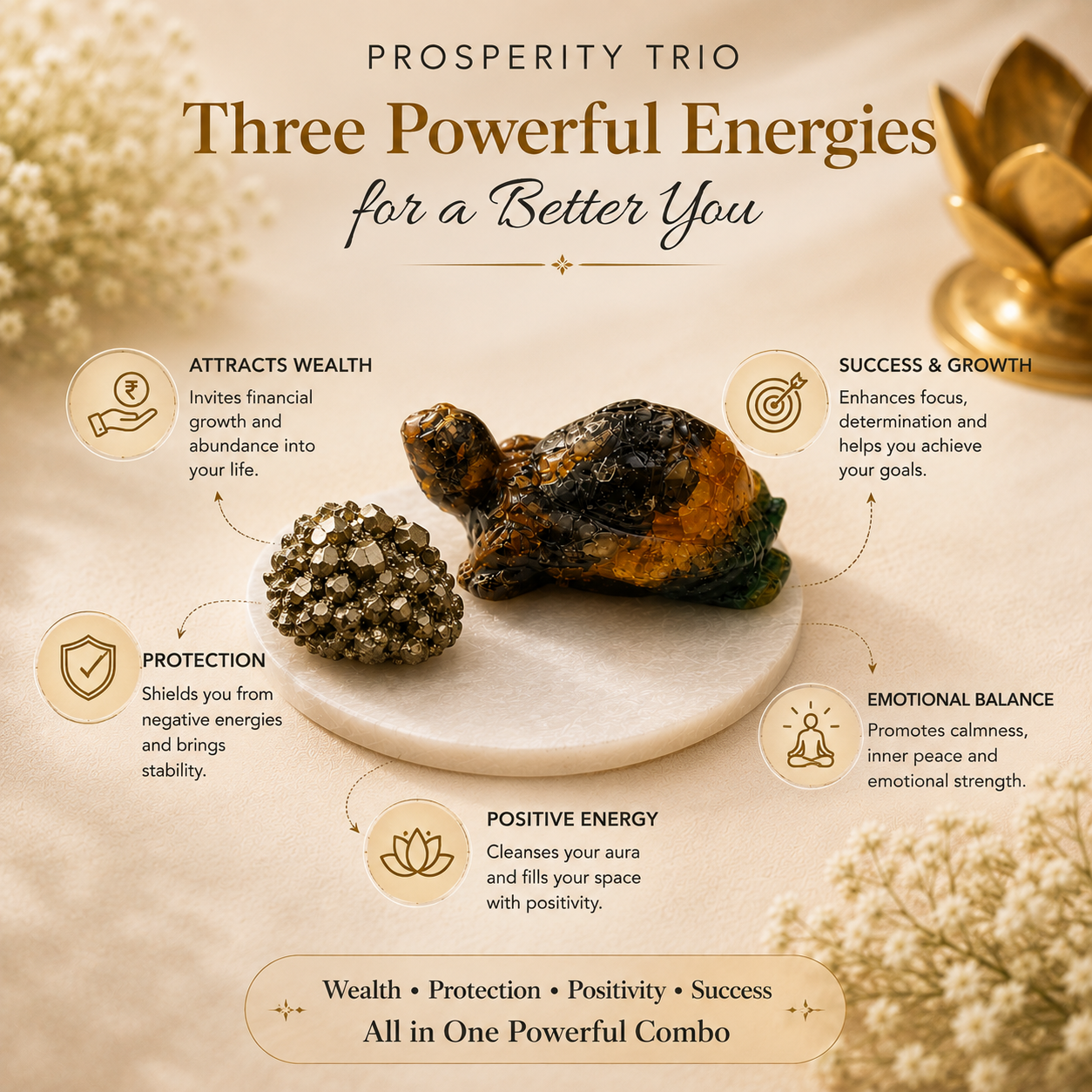 Prosperity & Protection Combo (Money Magnet Turtle + Pyrite Stone + Selenite Plate)