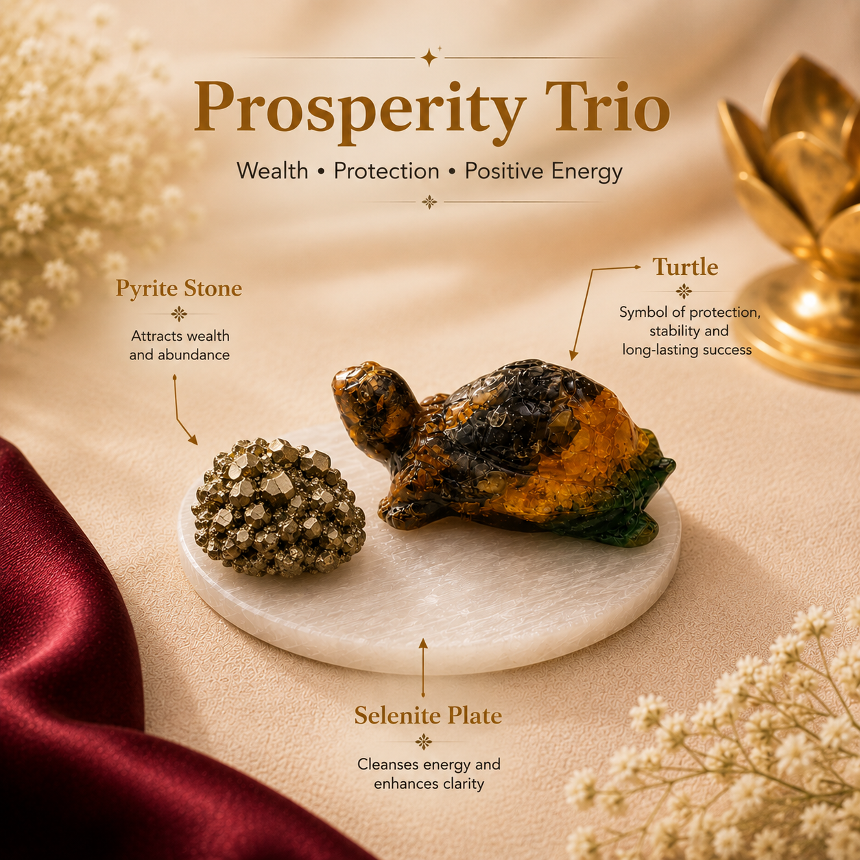 Prosperity & Protection Combo (Money Magnet Turtle + Pyrite Stone + Selenite Plate)