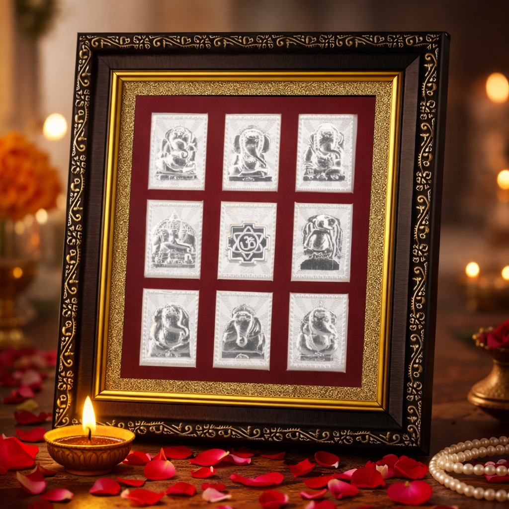 Ashtvinayak Yantra on Raw Pyrite Frame (Pure Silver 999)
