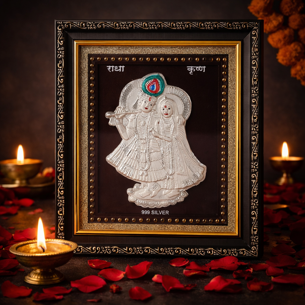 Radha Krishna On Raw Pyrite Frame (Pure Silver 999)
