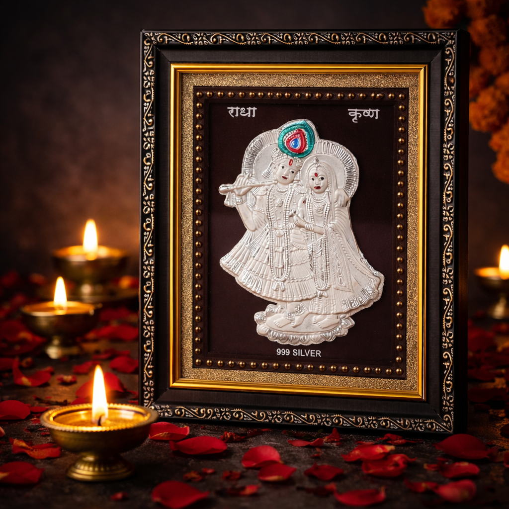Radha Krishna On Raw Pyrite Frame (Pure Silver 999)