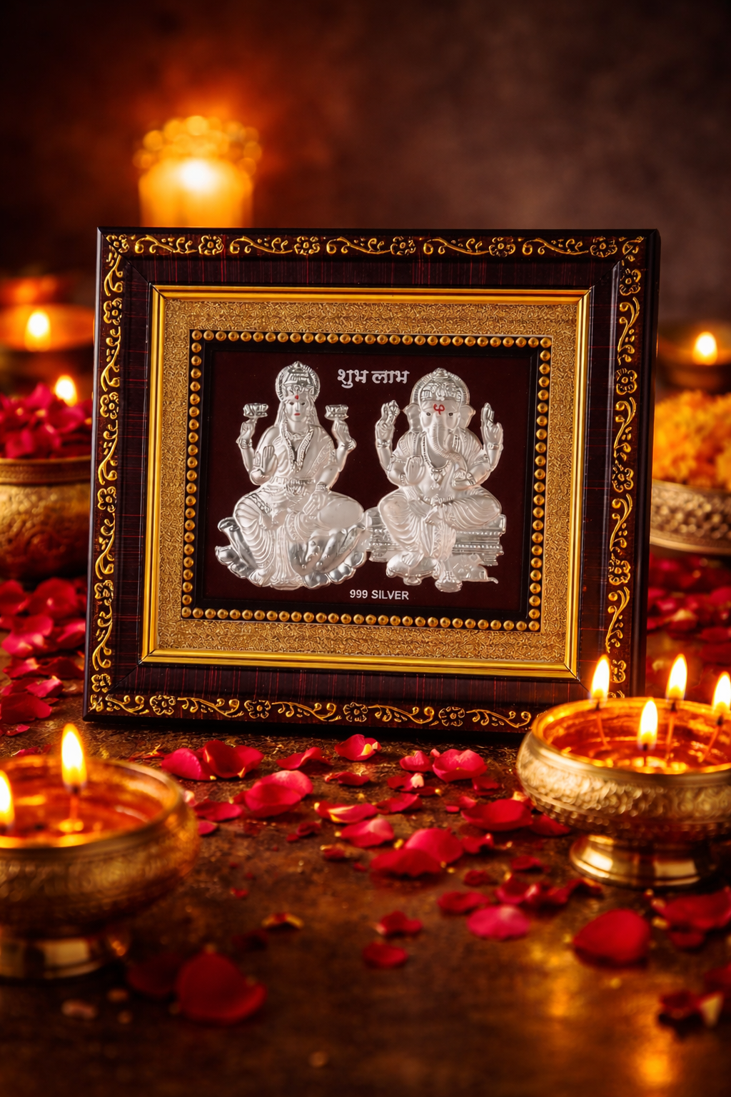 Laxmi Ganesh On Raw Pyrite Frame (Pure Silver 999)