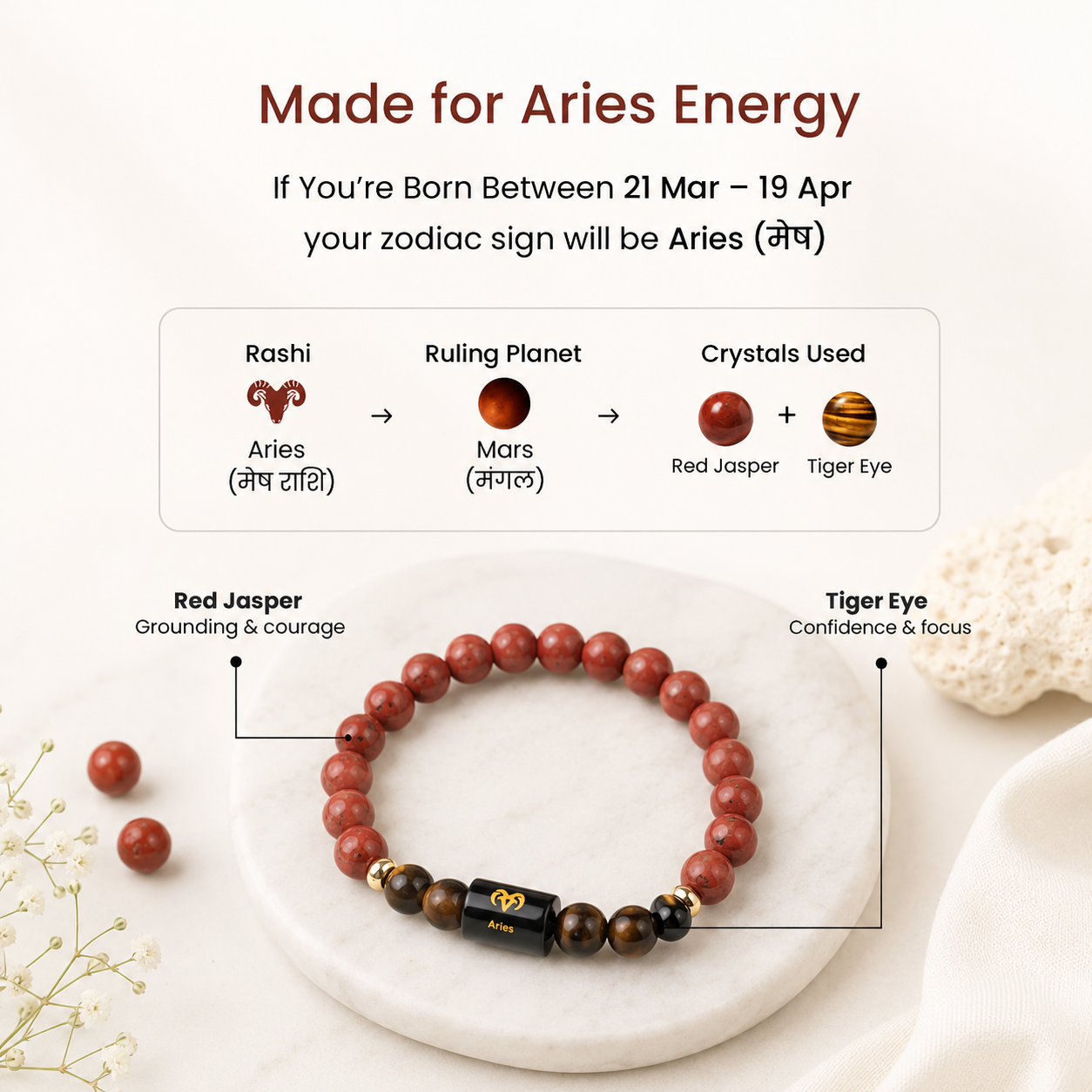 Aries (मेष राशि) Zodiac Red Jasper & Tiger Eye Bracelet
