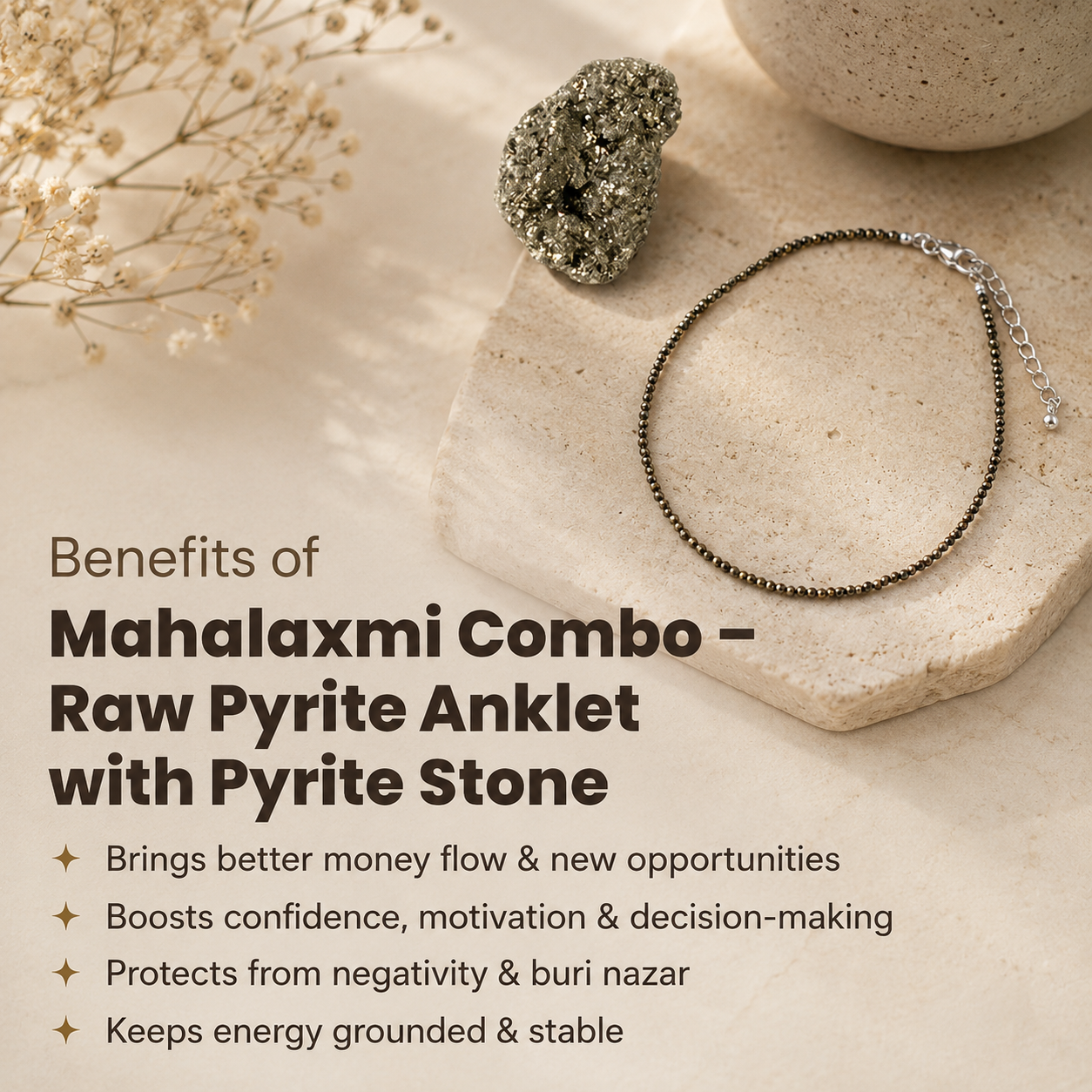 Mahalaxmi Combo - Raw Pyrite Anklet with Pyrite Stone