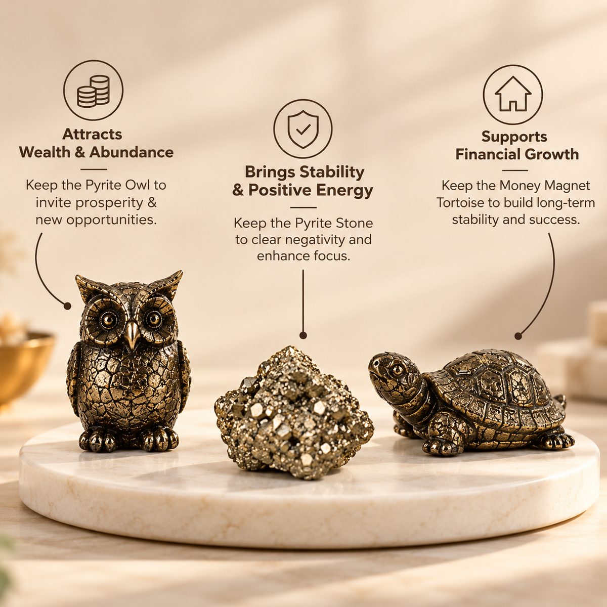 Dhan Lakshmi Combo - Pyrite Tortoise, Pyrite Owl, Pyrite Stone