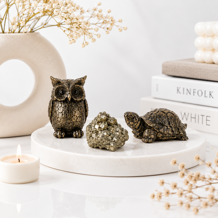 Dhan Lakshmi Combo - Pyrite Tortoise, Pyrite Owl, Pyrite Stone
