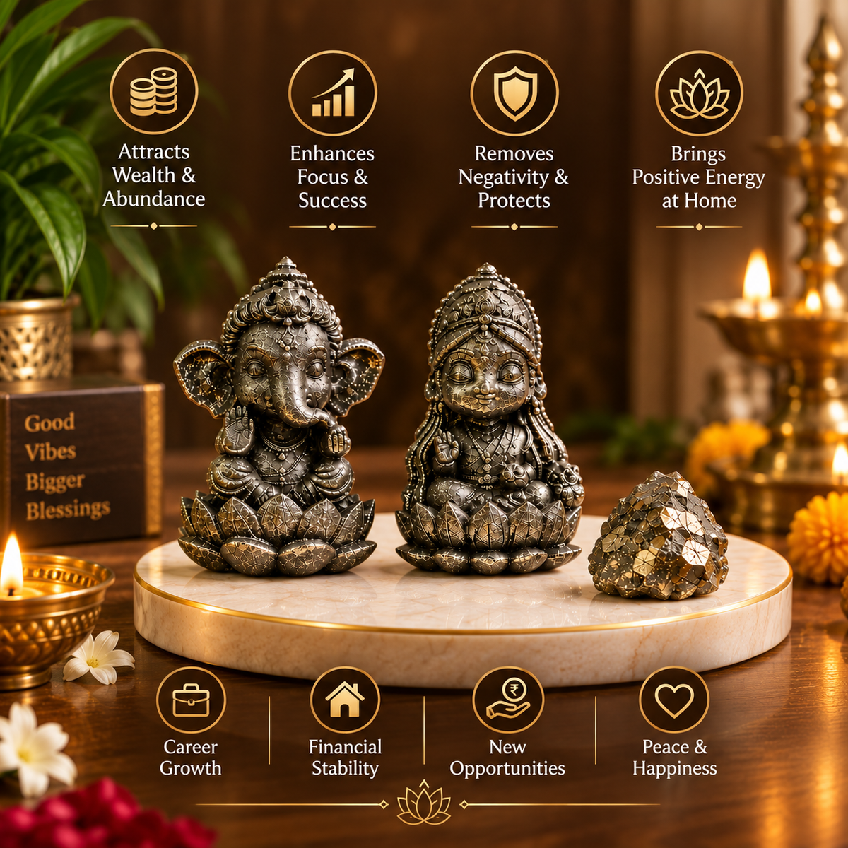 Maha Dhanyog Combo - Pyrite Laxmi Ganesh With Pyrite Stone