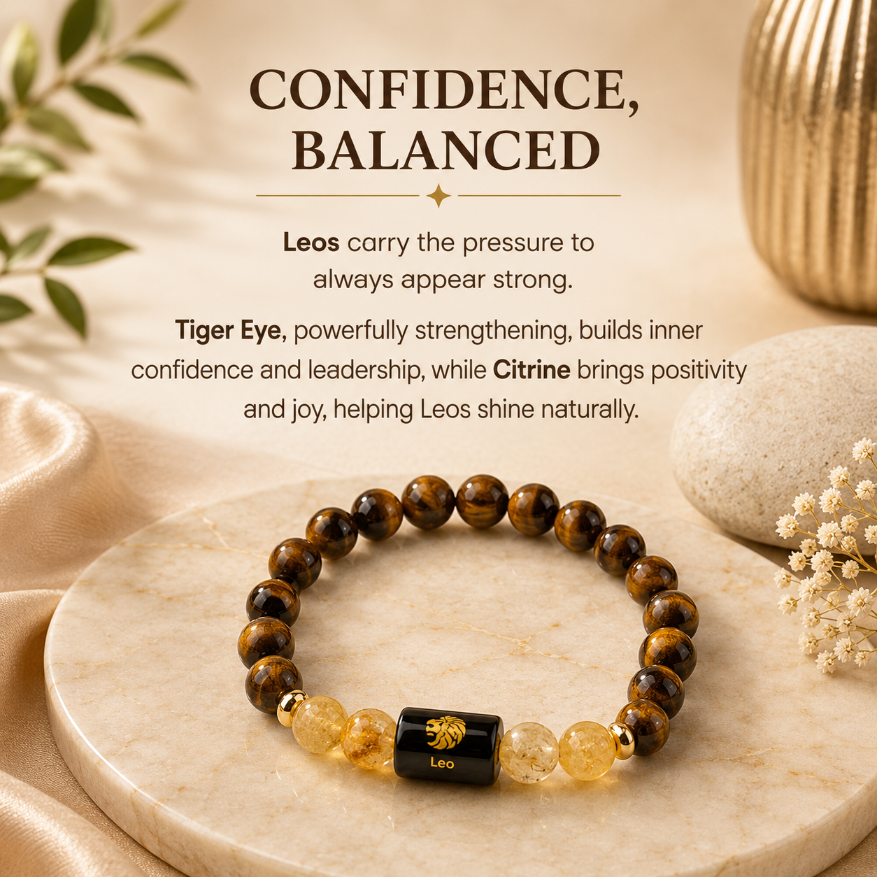 Leo (सिंह राशि) Zodiac Tiger Eye & Citrine Bracelet.