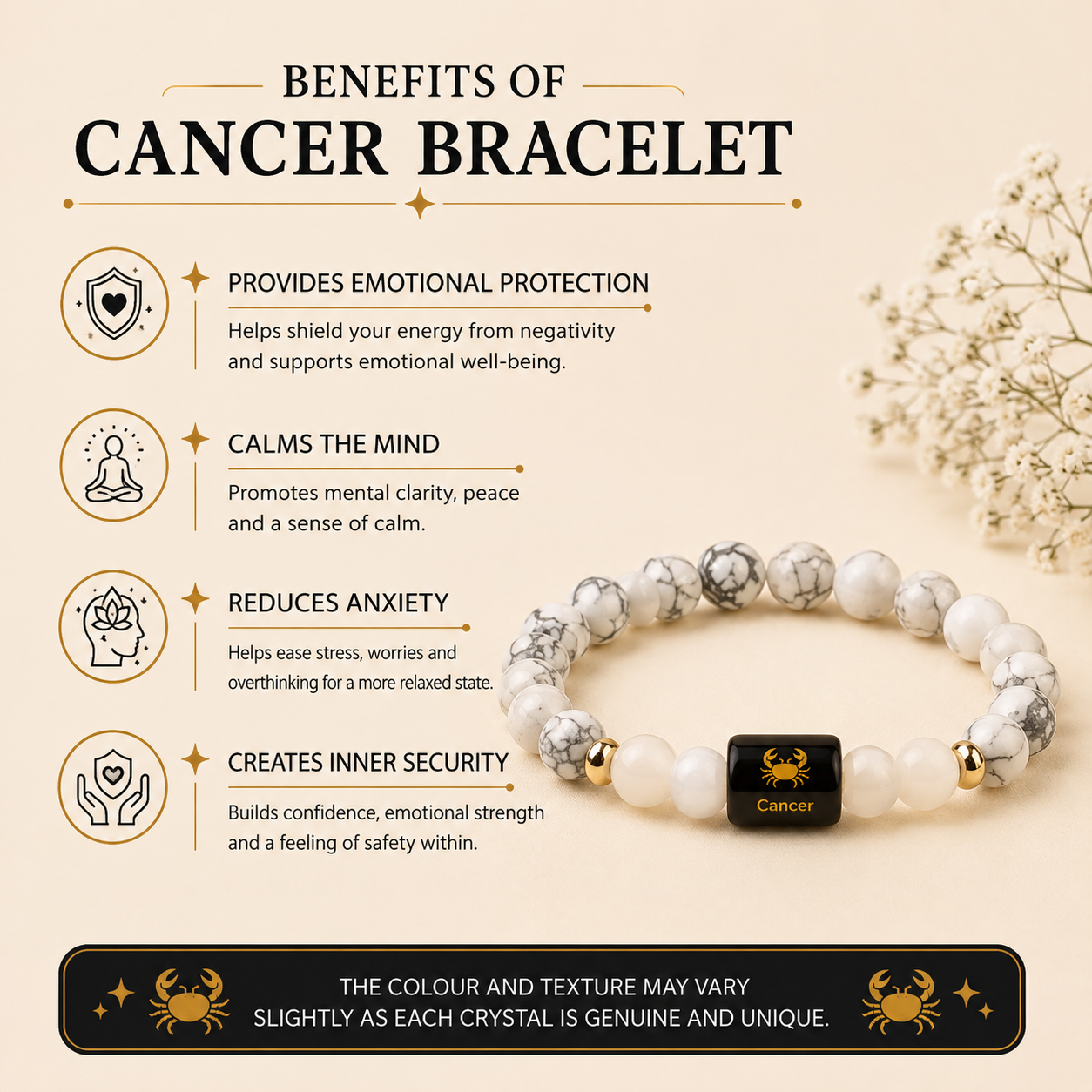 Cancer (कर्क राशि) Zodiac Howlite & Milky Quartz Bracelet.
