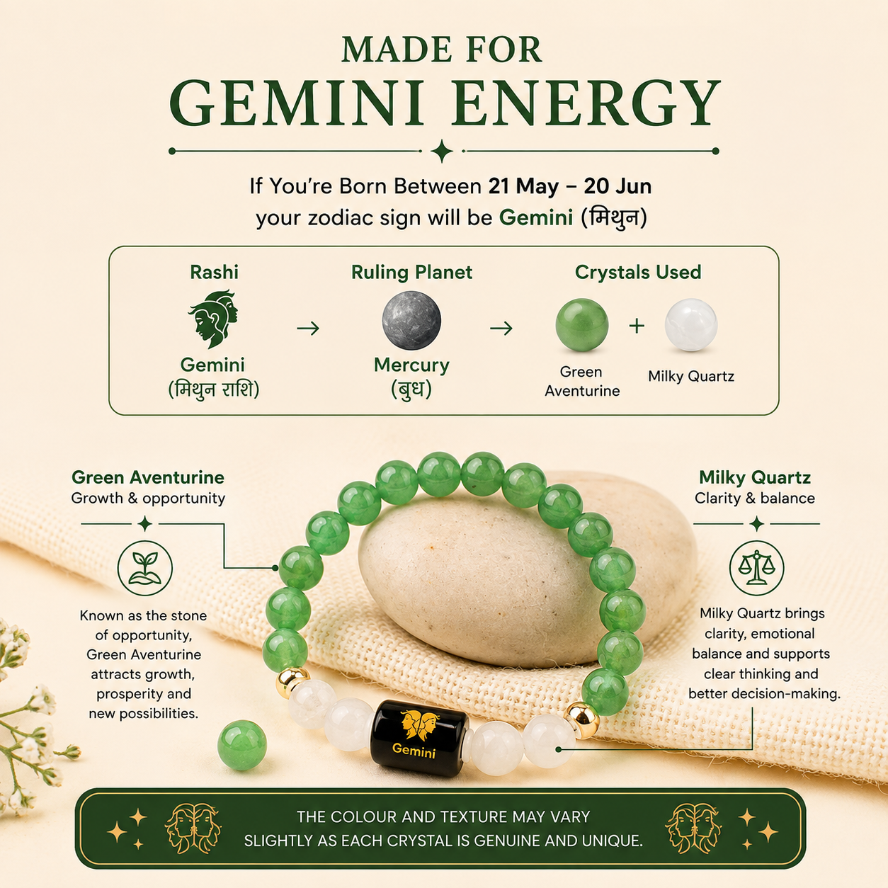 Gemini (मिथुन राशि) Zodiac Green Aventurine & Milky Quartz Bracelet