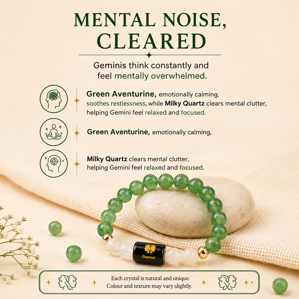 Gemini (मिथुन राशि) Zodiac Green Aventurine & Milky Quartz Bracelet.