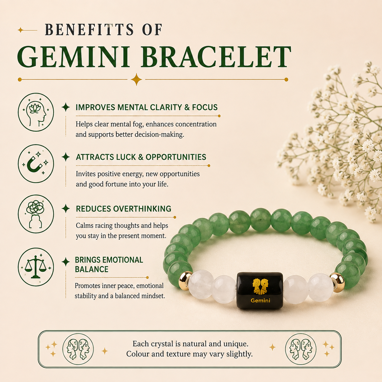 Gemini (मिथुन राशि) Zodiac Green Aventurine & Milky Quartz Bracelet.