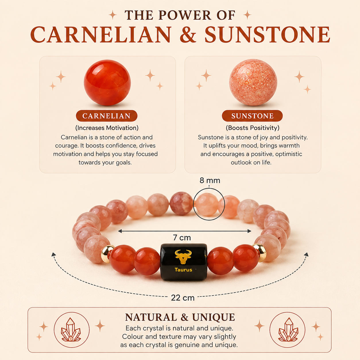 Taurus (वृषभ राशि) Zodiac Sunstone & Carnelian Bracelet.