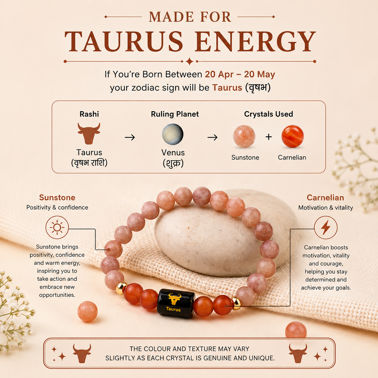 Taurus (वृषभ राशि) Zodiac Sunstone & Carnelian Bracelet