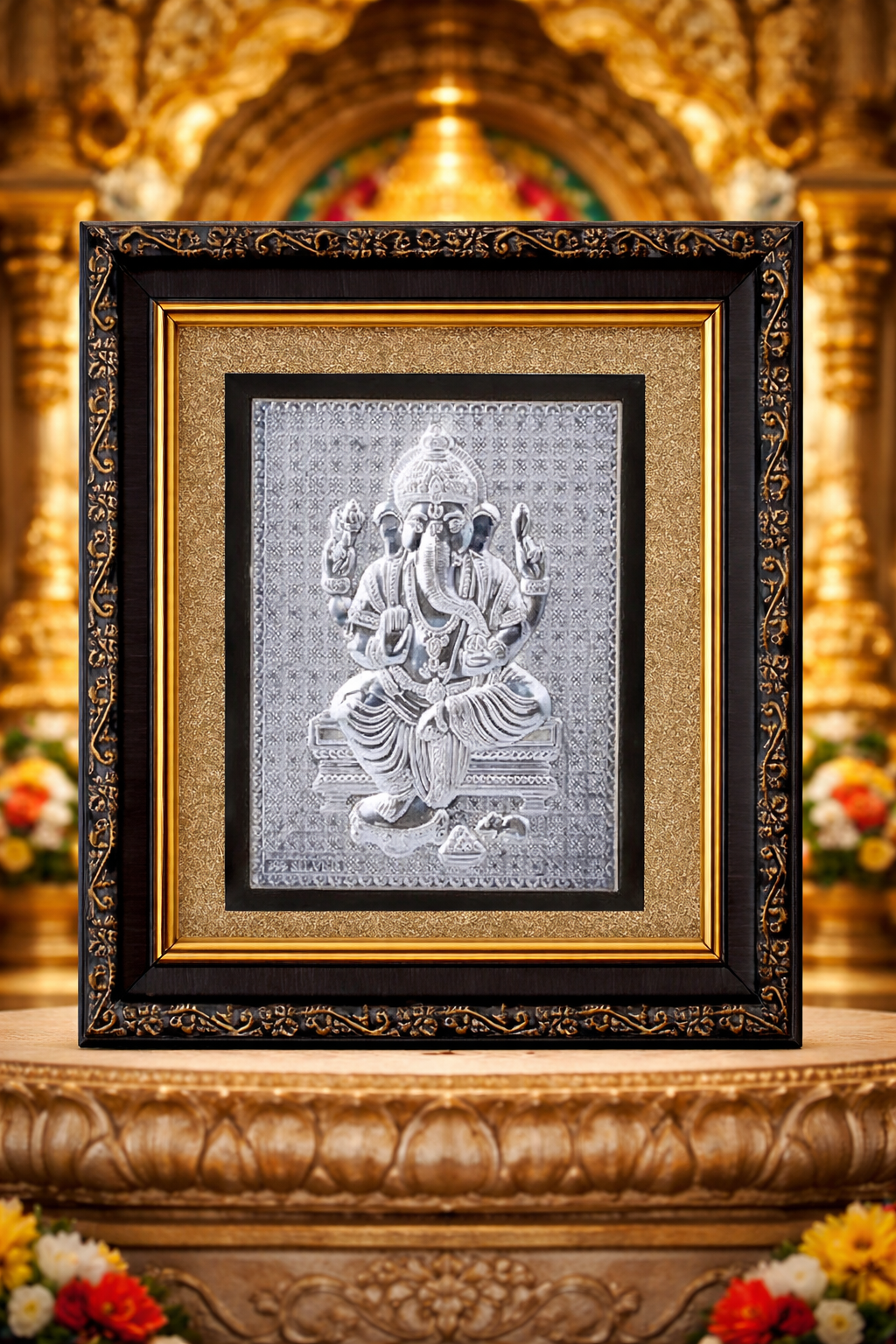 Silver Ganesh Ji On Raw Pyrite Frame (925 Pure Silver)
