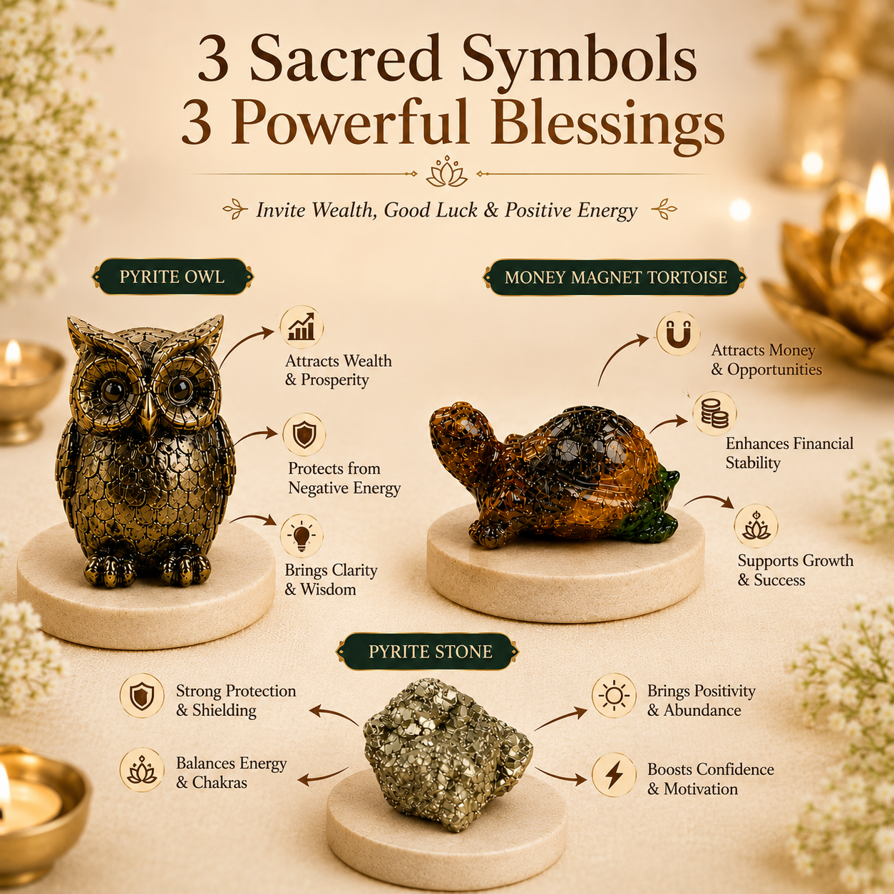 Prosperity Combo – Pyrite Owl, Money Magnet Tortoise & Pyrite Stone.