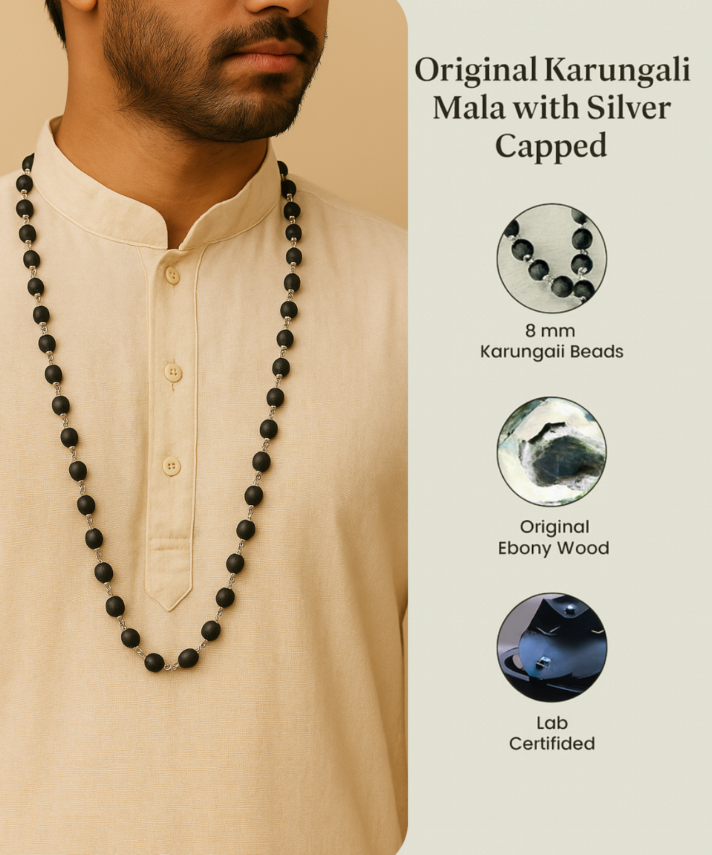 Silver Capped Karungali Malai – with Free Karungali Bracelet Gift