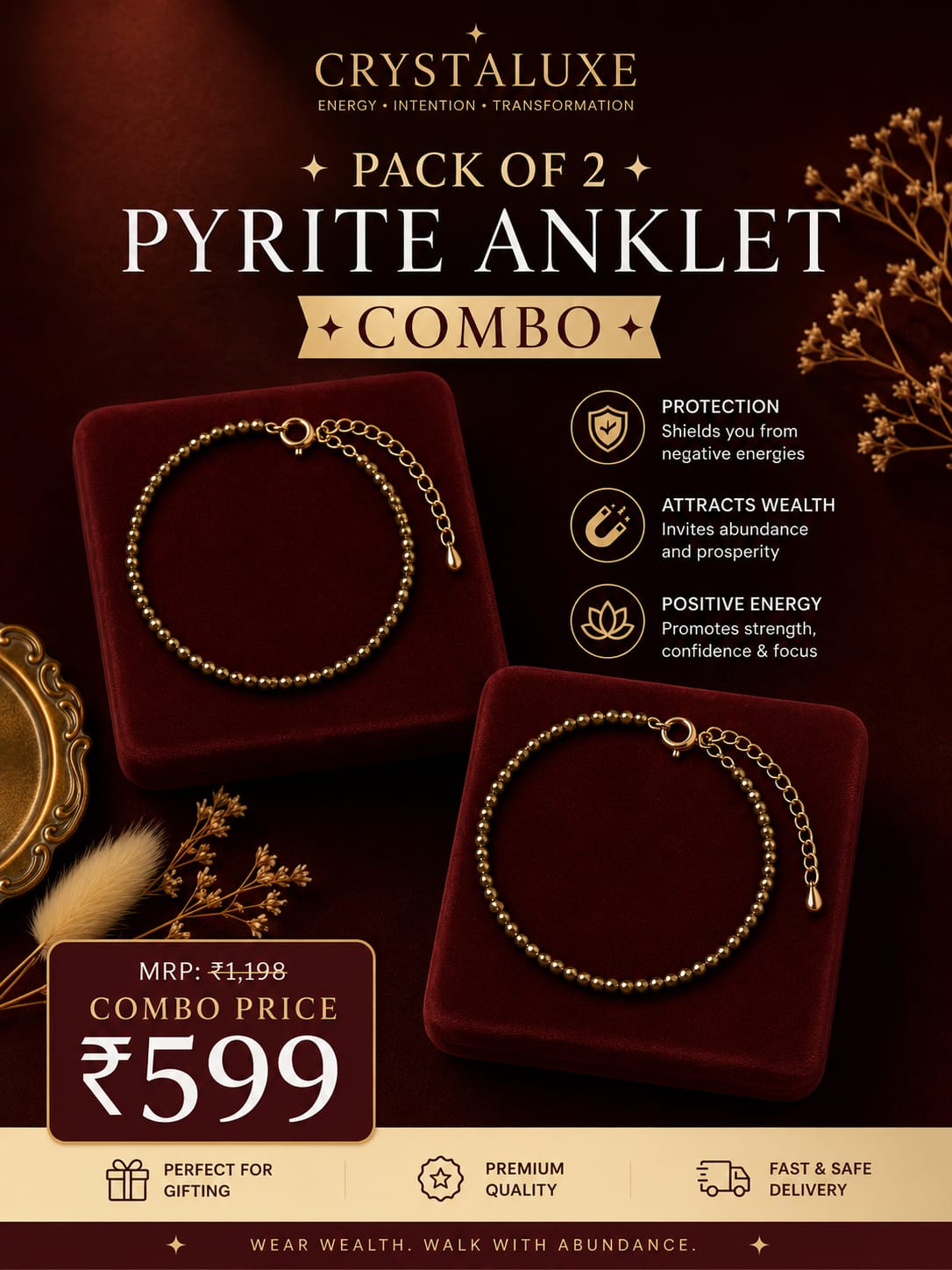 Maa Lakshmi Siddh Raw Pyrite Anklet (Pack Of 2)
