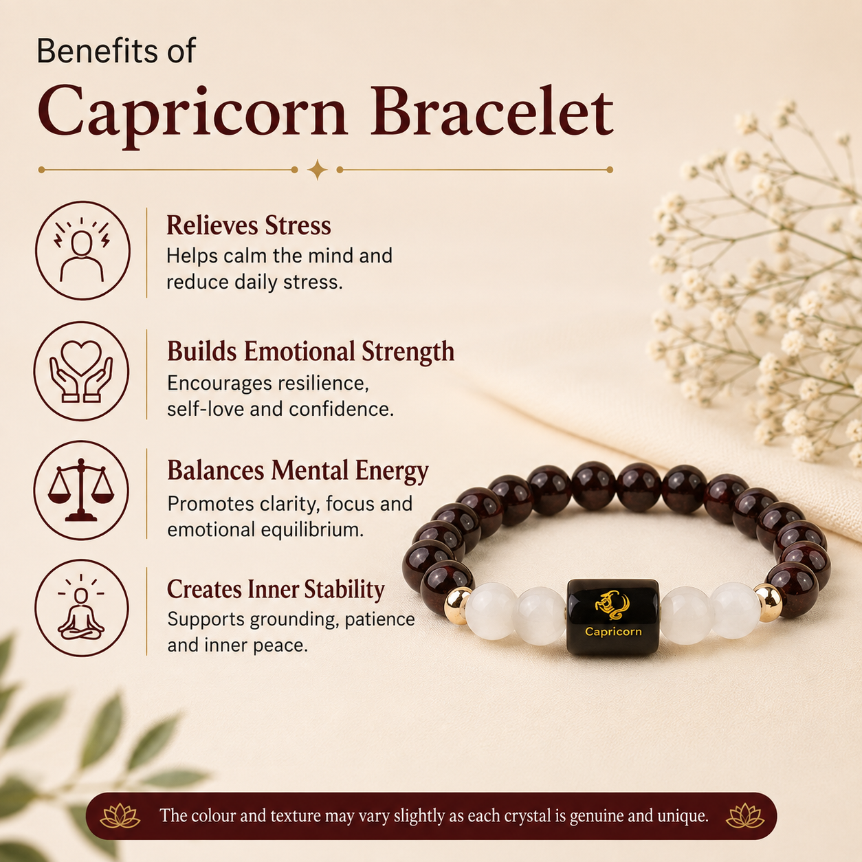 Capricorn (मकर राशि) Zodiac Garnet & Milky Quartz Bracelet.