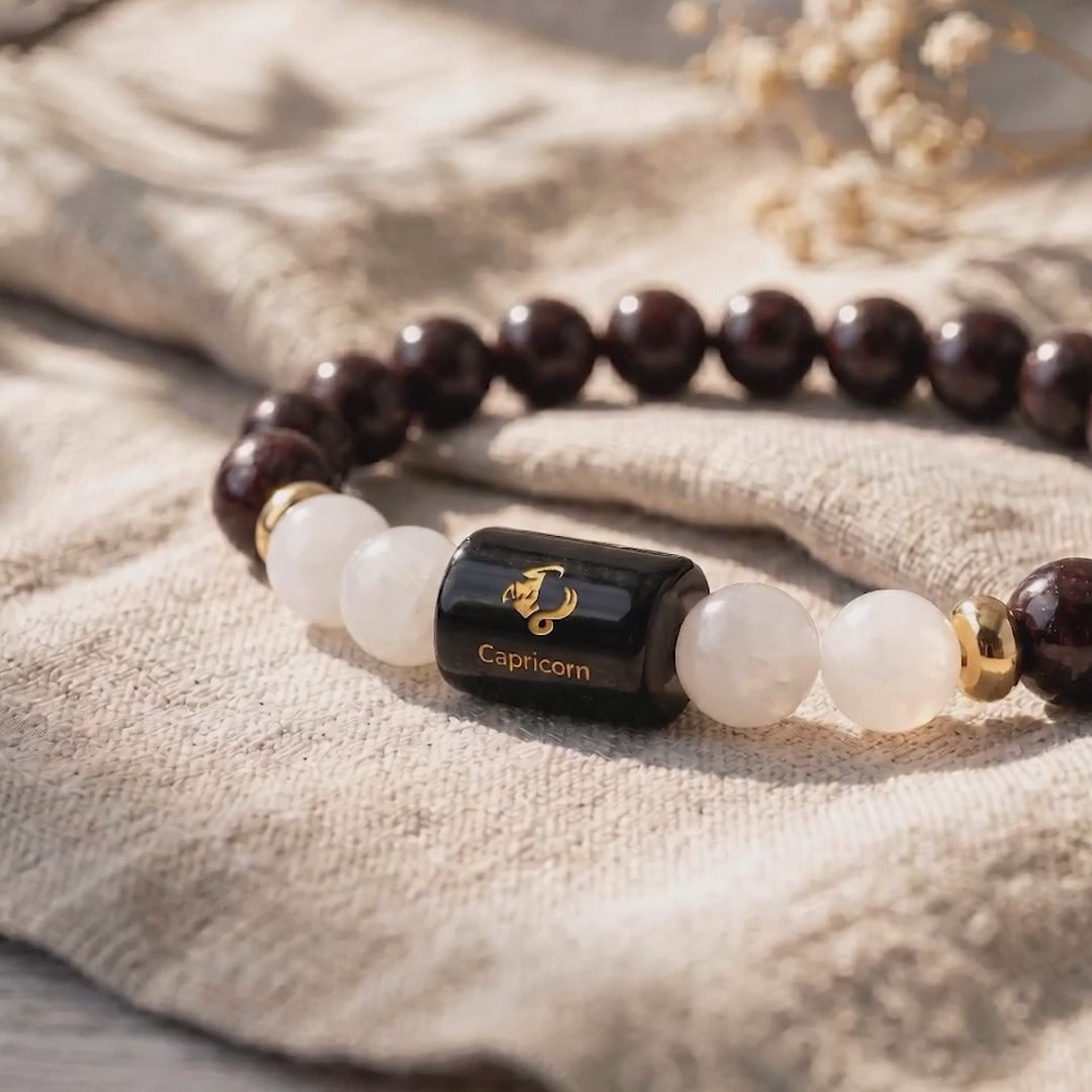 Load video: Capricorn (मकर राशि) Zodiac Garnet &amp; Milky Quartz Bracelet.