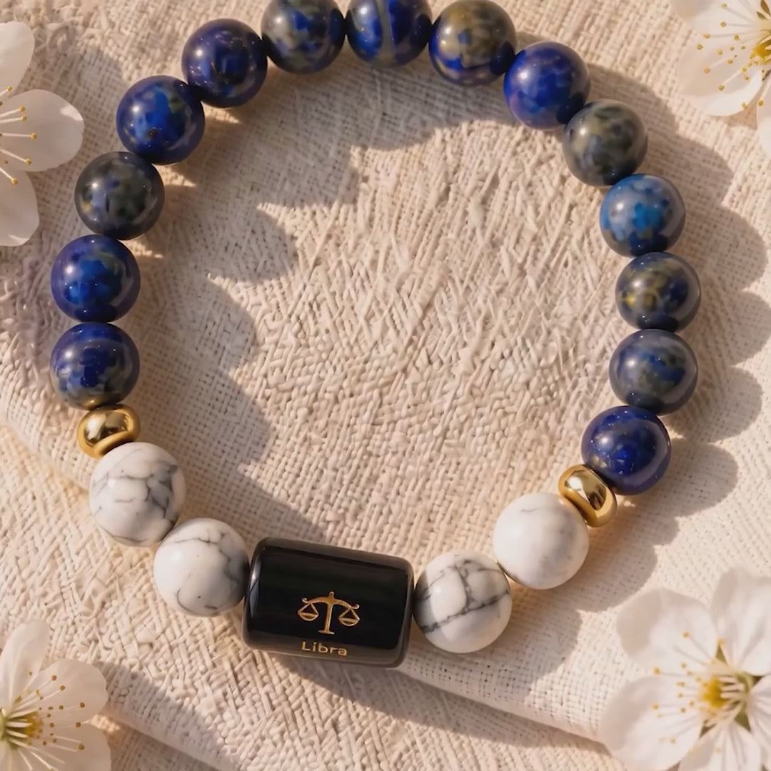 Load video: Libra (तुला राशि) Zodiac Lapis Lazuli &amp; Howlite Bracelet.