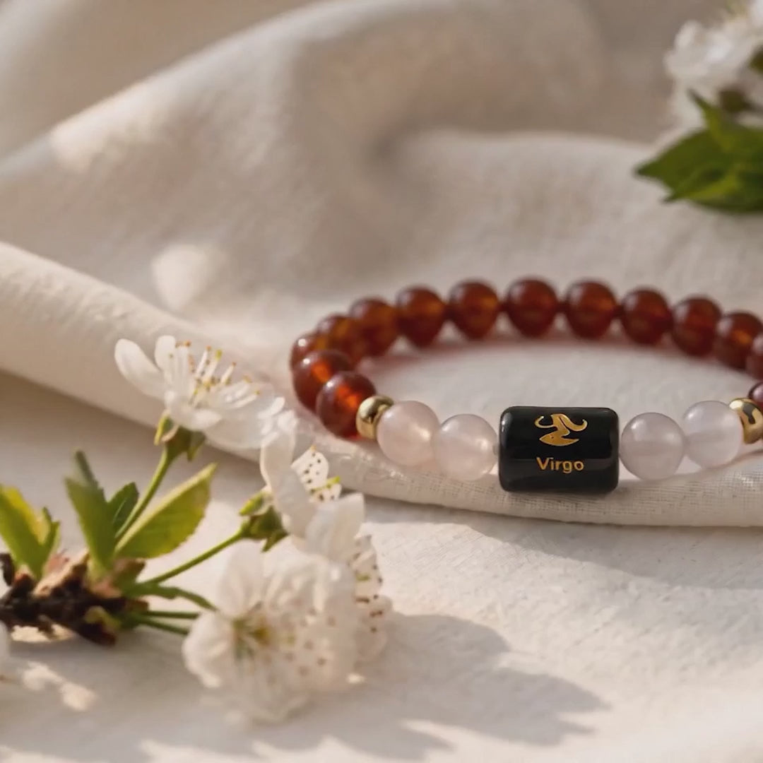 Load video: Virgo (कन्या राशि) Zodiac Carnelian &amp; Milky Quartz Bracelet.