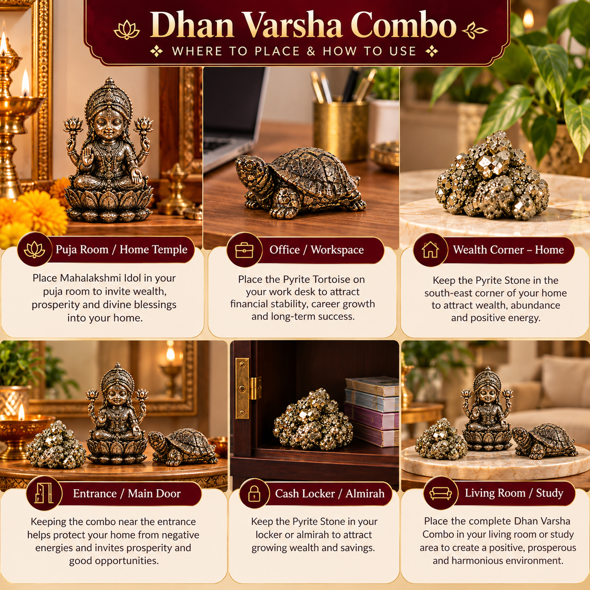 Dhan Varsha Combo – Pyrite Lakshmi Ji Idol, Money Magnet Tortoise & Natural Pyrite Stone | Wealth, Prosperity & Good Luck