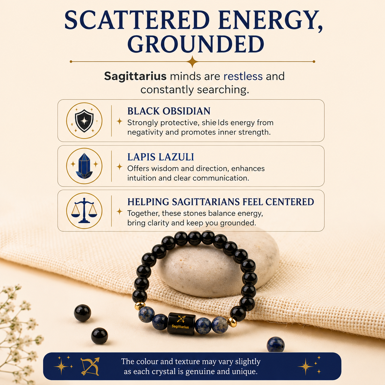 Sagittarius (धनु राशि) Zodiac Black Obsidian & Lapis Lazuli Bracelet.