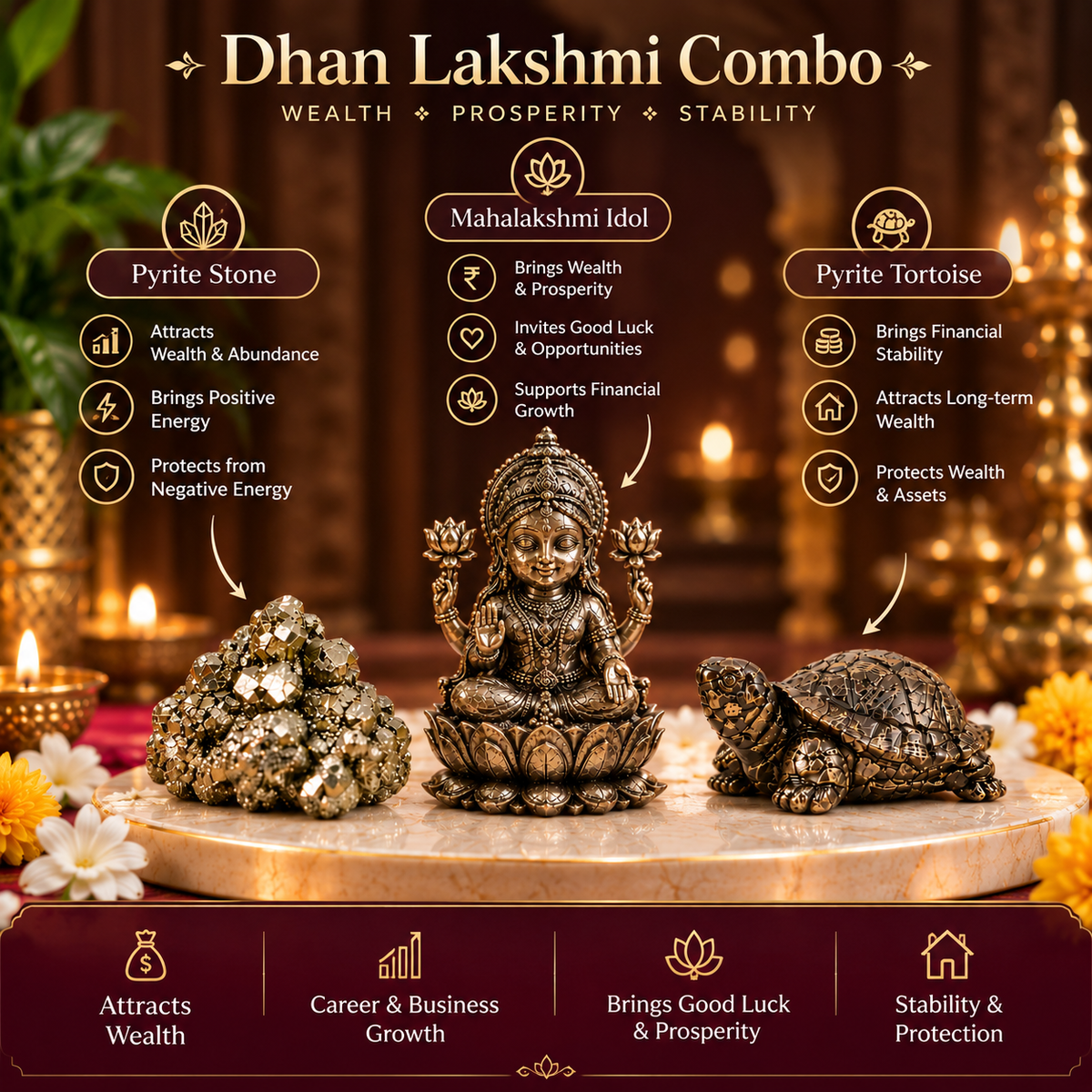 Dhan Varsha Combo – Pyrite Lakshmi Ji Idol, Money Magnet Tortoise & Natural Pyrite Stone | Wealth, Prosperity & Good Luck
