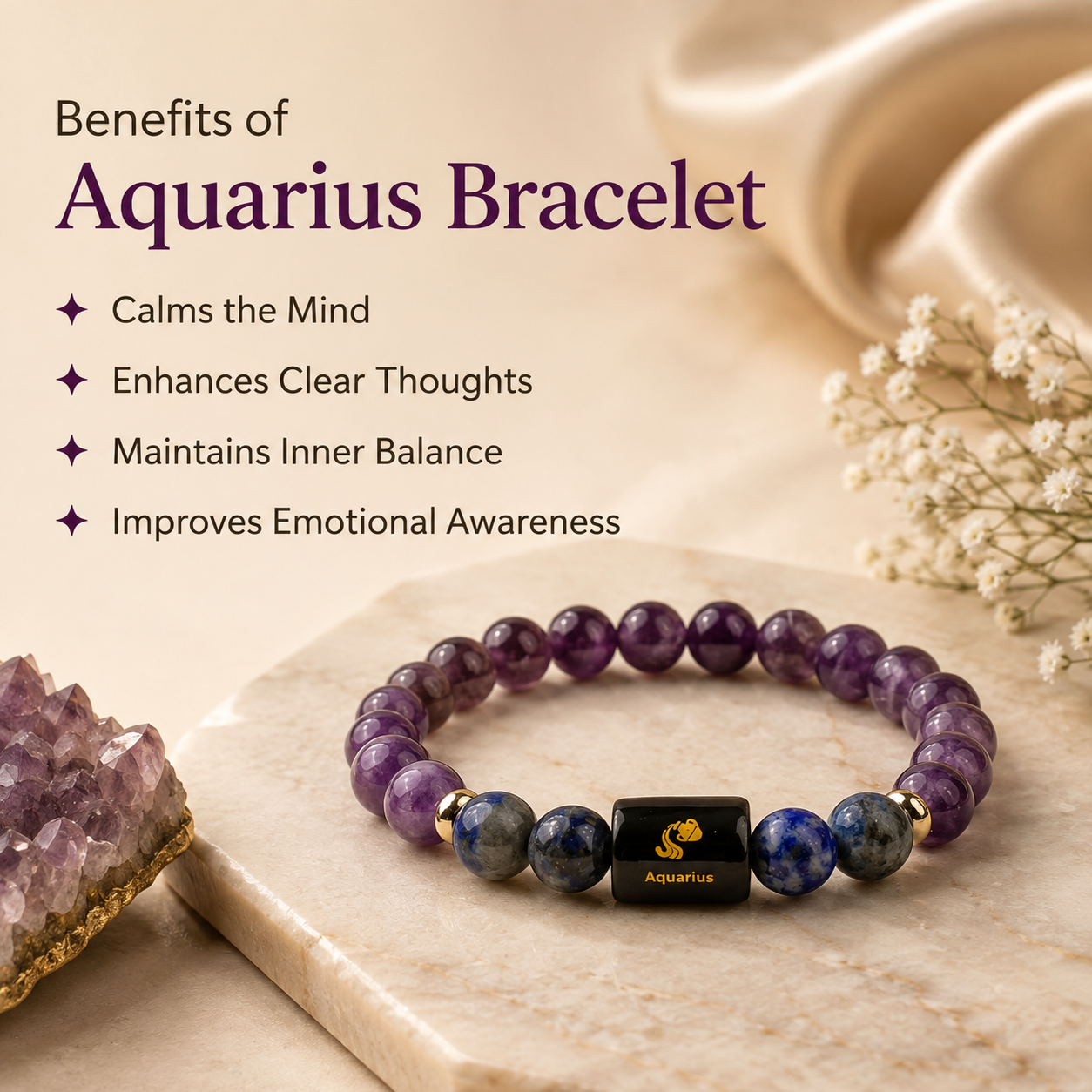 Aquarius (कुंभ राशि) Zodiac Amethyst & Lapis Lazuli Bracelet.