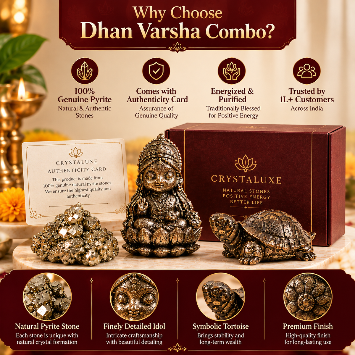 Dhan Varsha Combo – Pyrite Lakshmi Ji Idol, Money Magnet Tortoise & Natural Pyrite Stone | Wealth, Prosperity & Good Luck