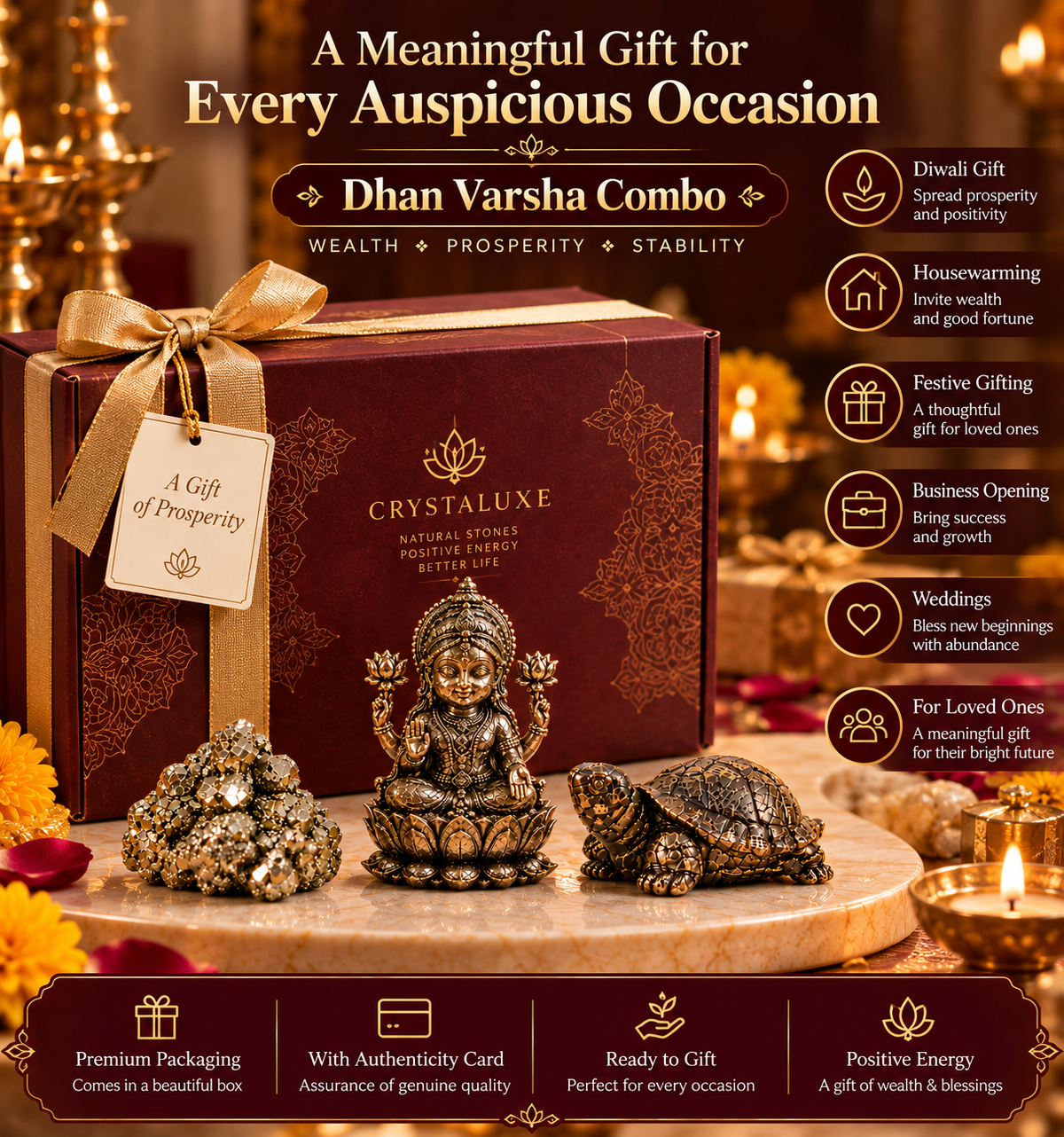Dhan Varsha Combo – Pyrite Lakshmi Ji Idol, Money Magnet Tortoise & Natural Pyrite Stone | Wealth, Prosperity & Good Luck
