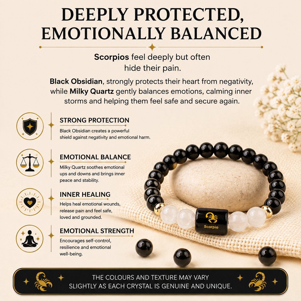 Scorpio (वृश्चिक राशि) Zodiac Black Obsidian & Milky Quartz Bracelet.