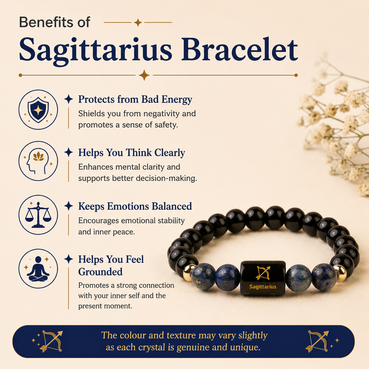 Sagittarius (धनु राशि) Zodiac Black Obsidian & Lapis Lazuli Bracelet.
