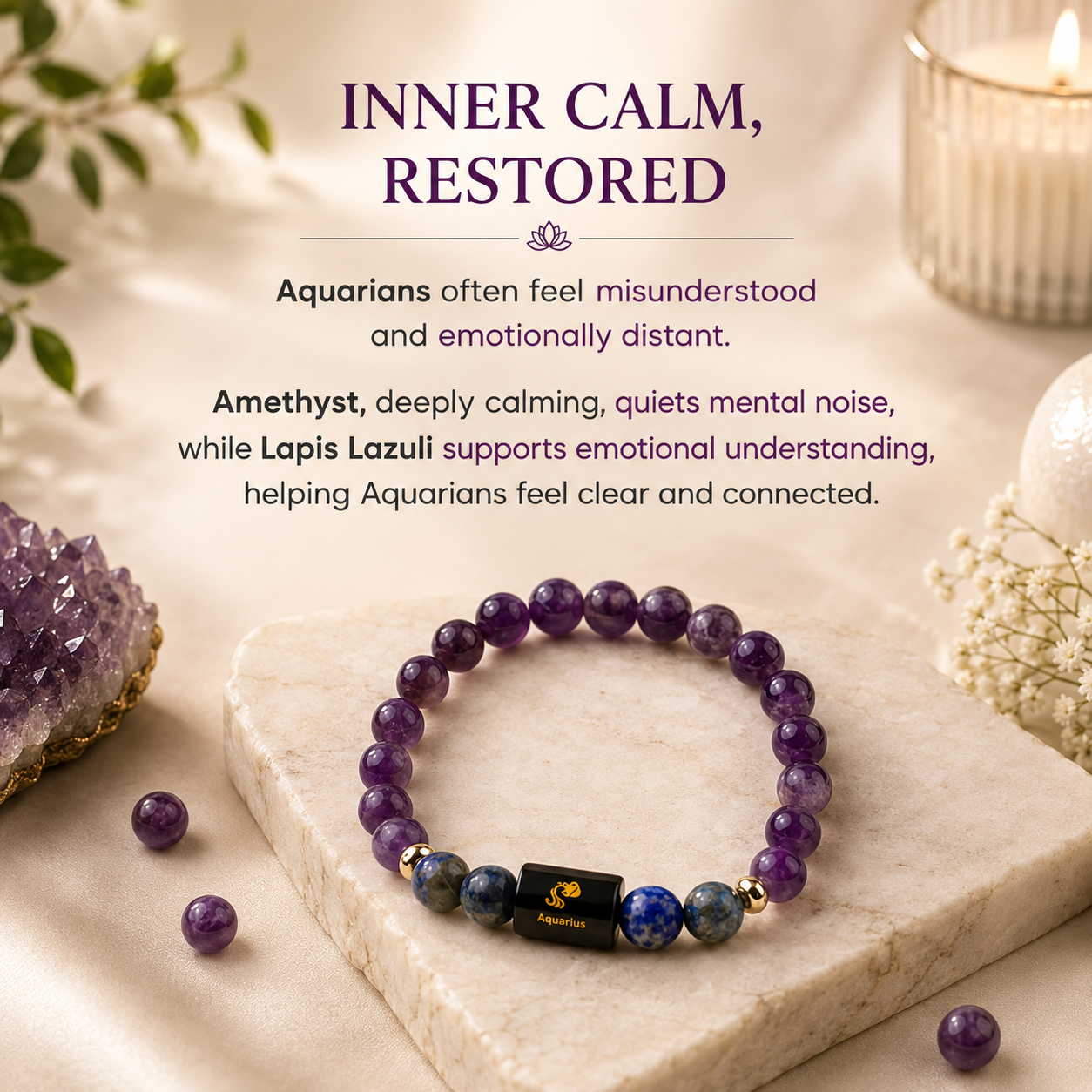 Aquarius (कुंभ राशि) Zodiac Amethyst & Lapis Lazuli Bracelet.