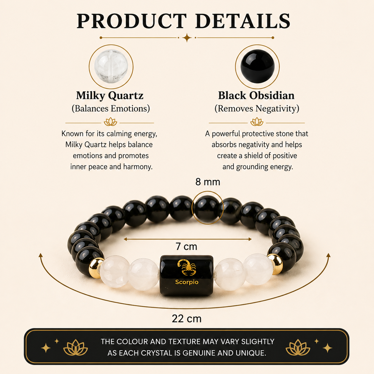 Scorpio (वृश्चिक राशि) Zodiac Black Obsidian & Milky Quartz Bracelet.
