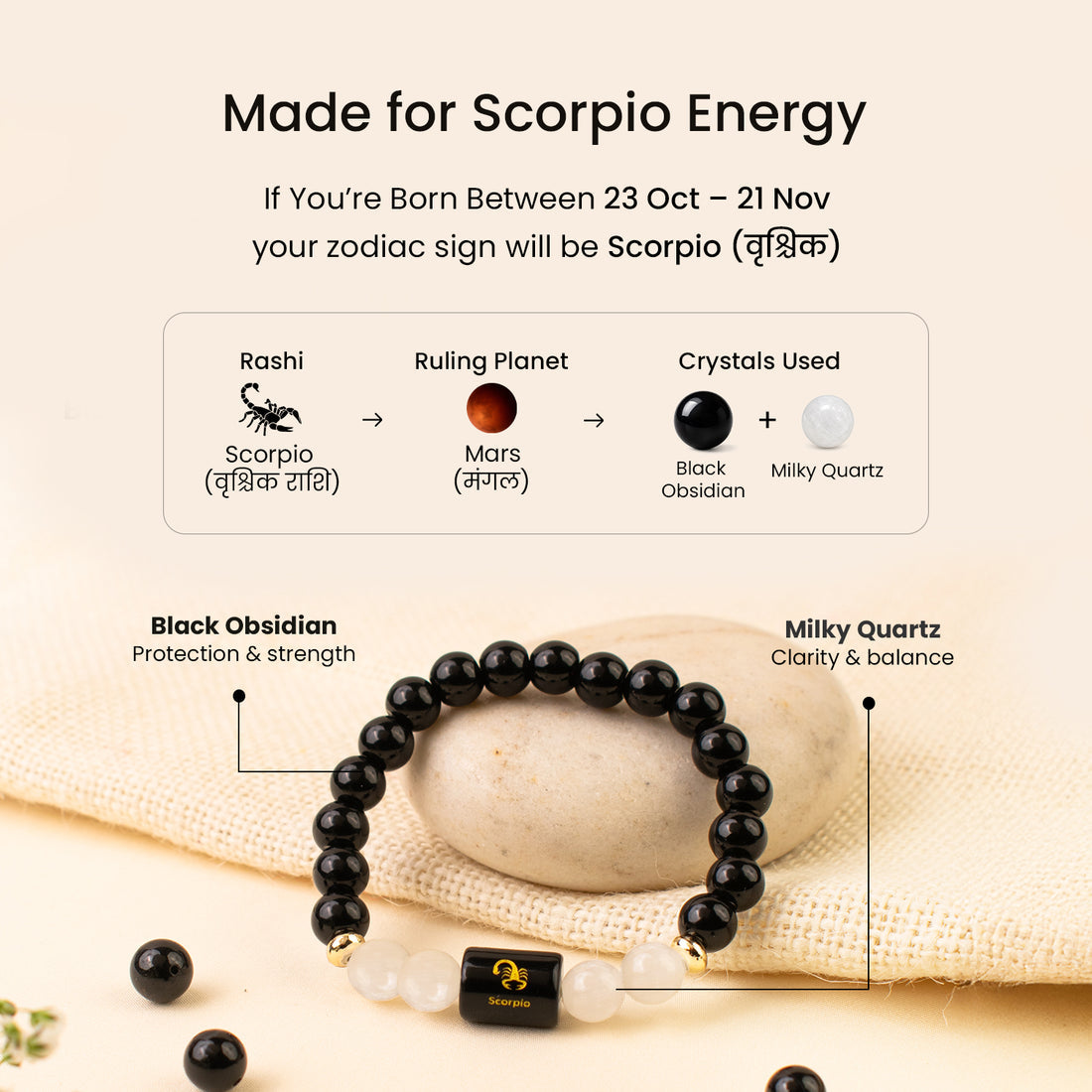 Scorpio (वृश्चिक राशि) Zodiac Black Obsidian & Milky Quartz Bracelet
