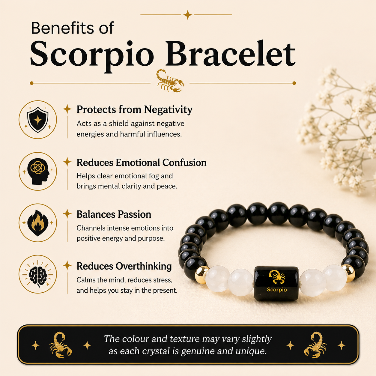 Scorpio (वृश्चिक राशि) Zodiac Black Obsidian & Milky Quartz Bracelet.