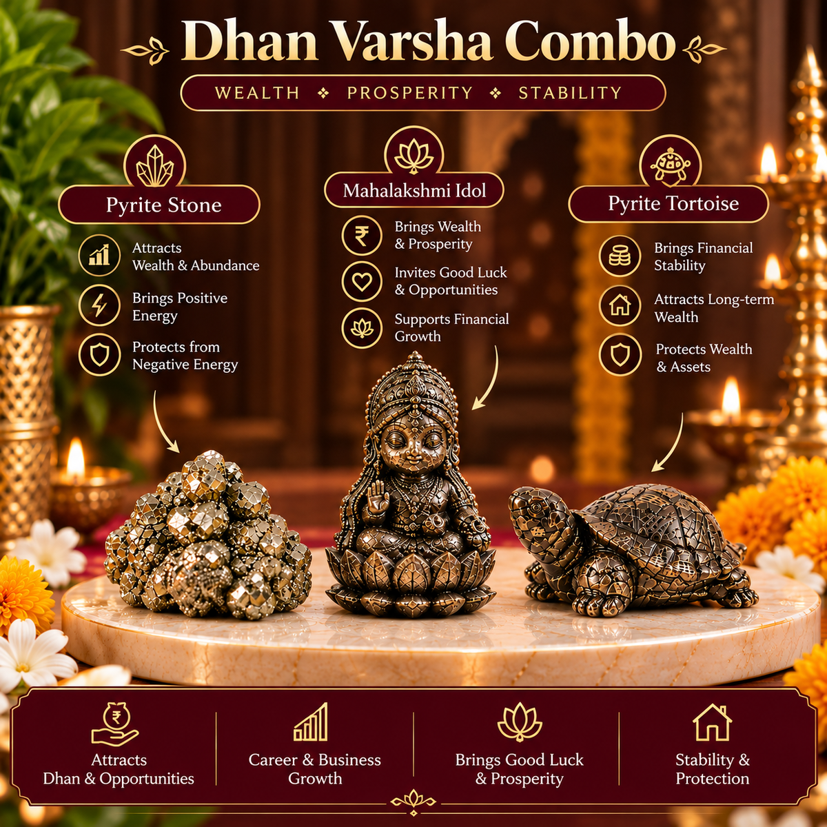 Dhan Varsha Combo – Pyrite Lakshmi Ji Idol, Money Magnet Tortoise & Natural Pyrite Stone | Wealth, Prosperity & Good Luck
