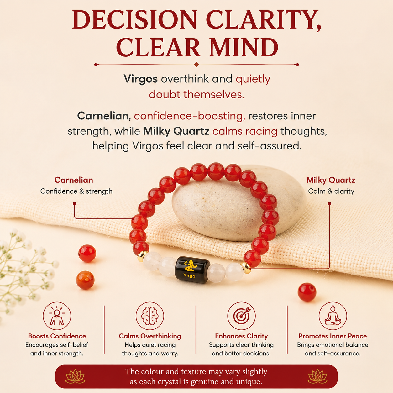 Virgo (कन्या राशि) Zodiac Carnelian & Milky Quartz Bracelet.