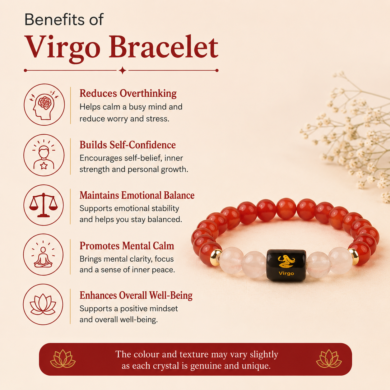 Virgo (कन्या राशि) Zodiac Carnelian & Milky Quartz Bracelet.