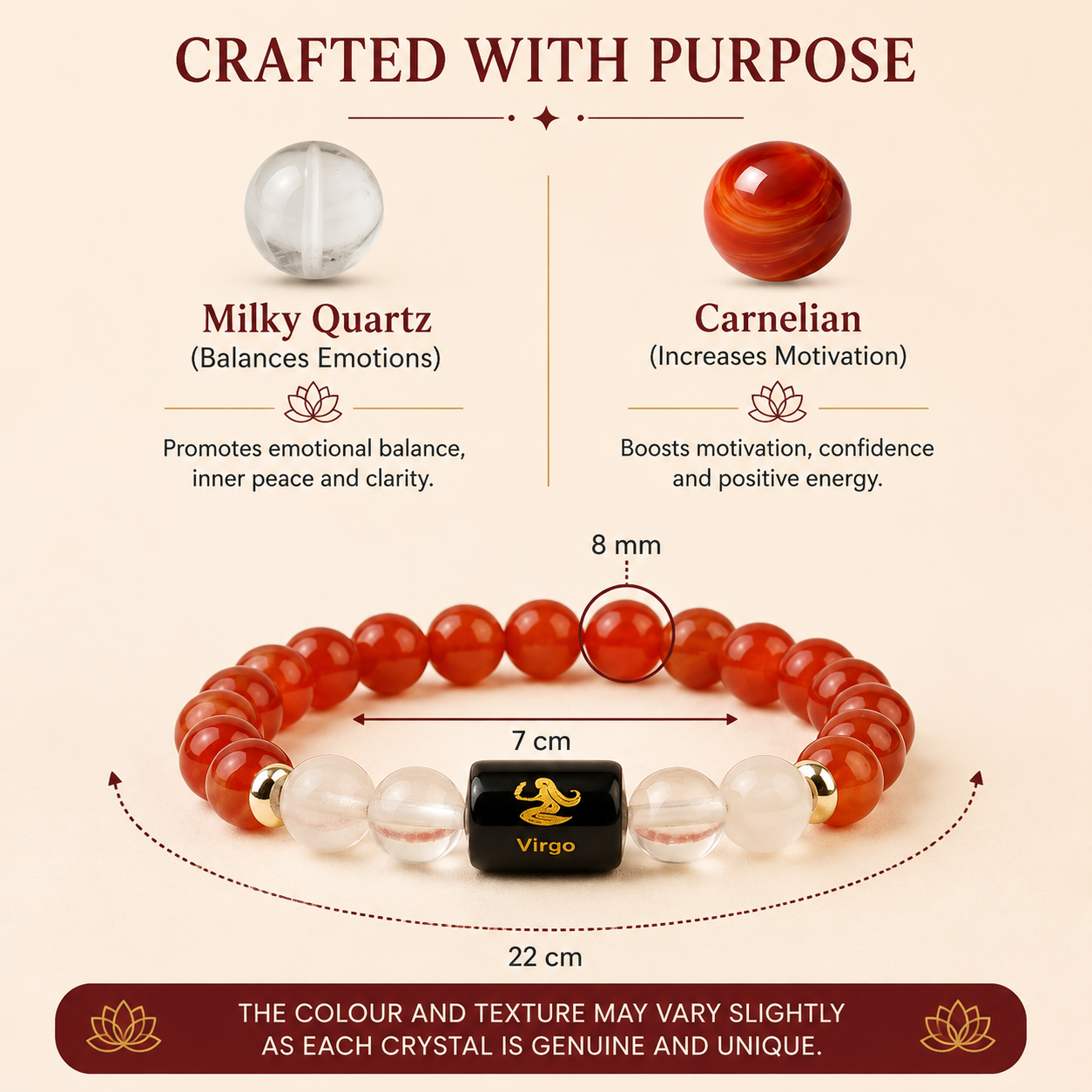 Virgo (कन्या राशि) Zodiac Carnelian & Milky Quartz Bracelet.
